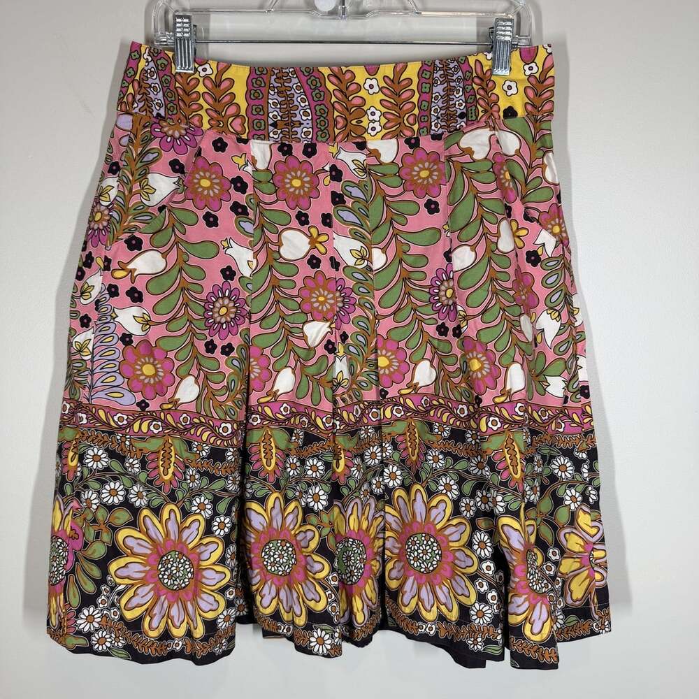 CAbi Floral Patchwork Border Print Pleated A-Line Skirt Size 8 Pink Multicolor